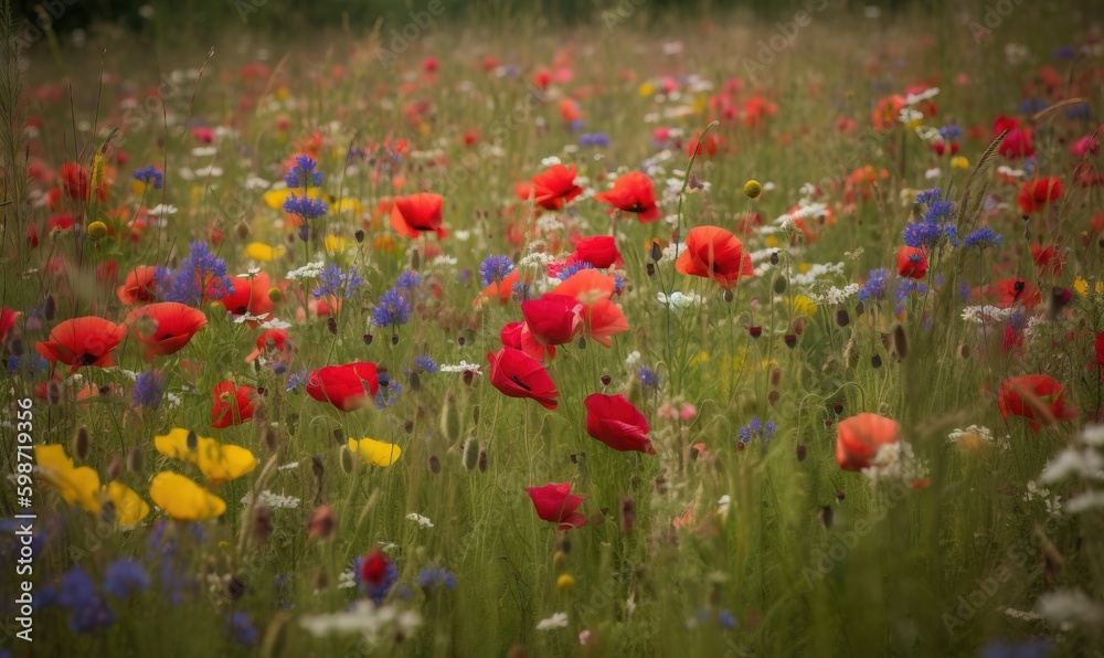  a field full of red, white, and blue flowers.  generative ai