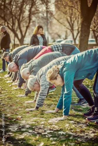 Elderly people doing relaxed yoga in the open air in the countryside. generative ai
