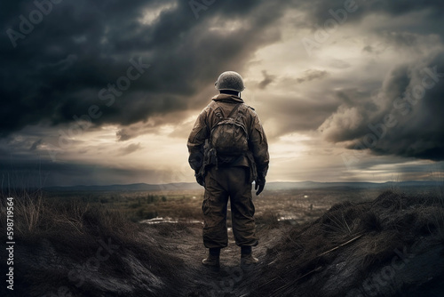 a soldier standing guard under a dramatic sky. generative AI