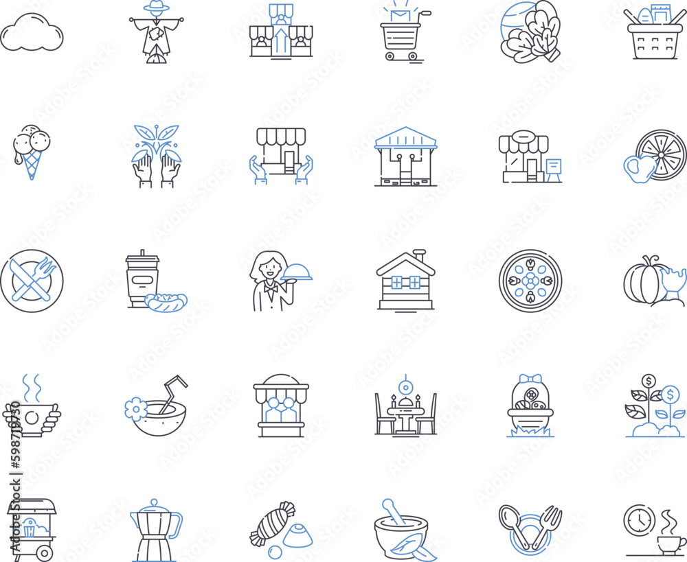 Cake house line icons collection. Sweet, Bakery, Desserts, Pastry, Confectiry, Cupcakes, Chocolate vector and linear illustration. Frosting,Icing,Sprinkles outline signs set Generative AI