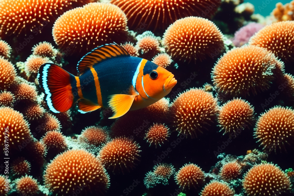 Obraz premium Clownfish and a flock of tropical fish in a coral reef. Life in the coral reef underwater. Wildlife concept of ecological environment. Generative AI