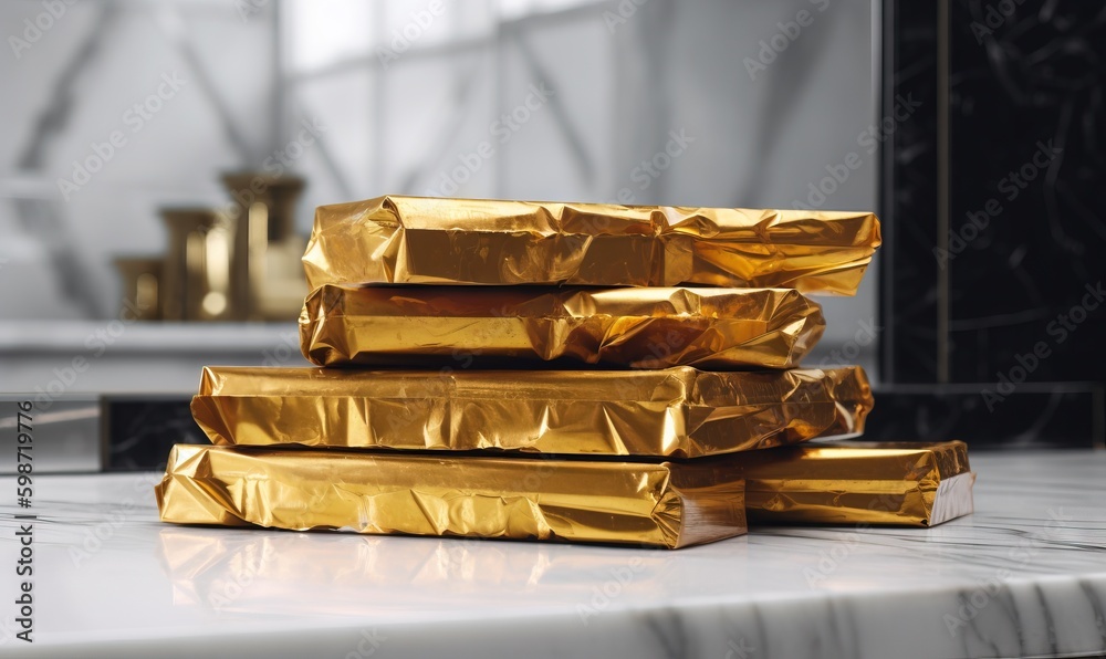 a stack of gold foil sitting on top of a counter. generative ai a stack of gold foil sitting on top of a counter. generative ai