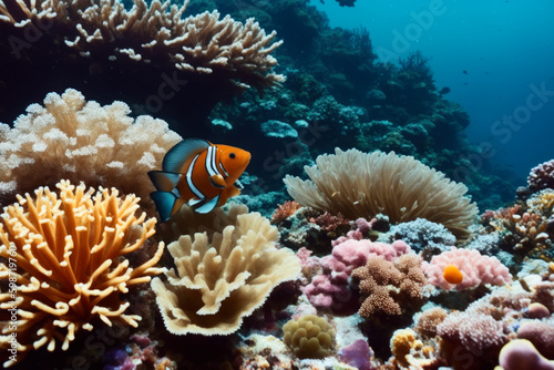 Clownfish and a flock of tropical fish in a coral reef. Life in the coral reef underwater. Wildlife concept of ecological environment. Generative AI © mikhailberkut