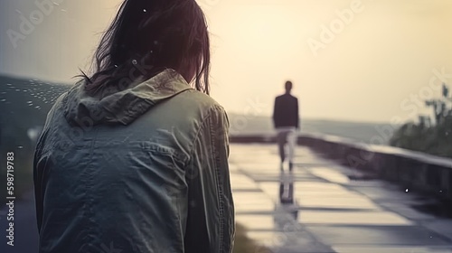 Crying woman against blurred man silhouette, quarrel of lovers outdoor dramatic scene, sadly crying woman covered her head with her arms, couple separation ending relationship concept, generative AI