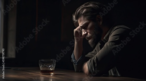 Sad man alcoholic sitting at table with glass of alcohol, man frustrated and gets drunk after nervous breakdown, male alcoholic relieves stress with strong alcohol, generative AI photo