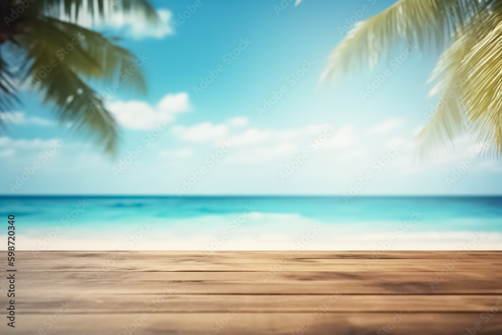 Empty wooden table on a beautiful blured tropical beach background. Wooden table and blurred palms and sunset for product and merchandise display. 