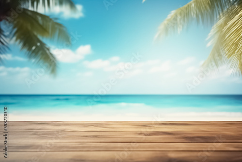 Empty wooden table on a beautiful blured tropical beach background. Wooden table and blurred palms and sunset for product and merchandise display. 