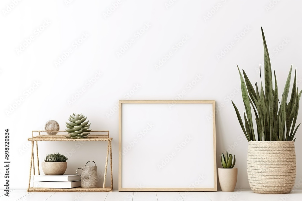 Home interior poster mock up with horizontal metal frame, succulents in basket and pile of books on white wall background. 3D rendering Home interior poster mock up with horizontal metal frame, succulents in basket and pile of books on white wall background. 3D rendering