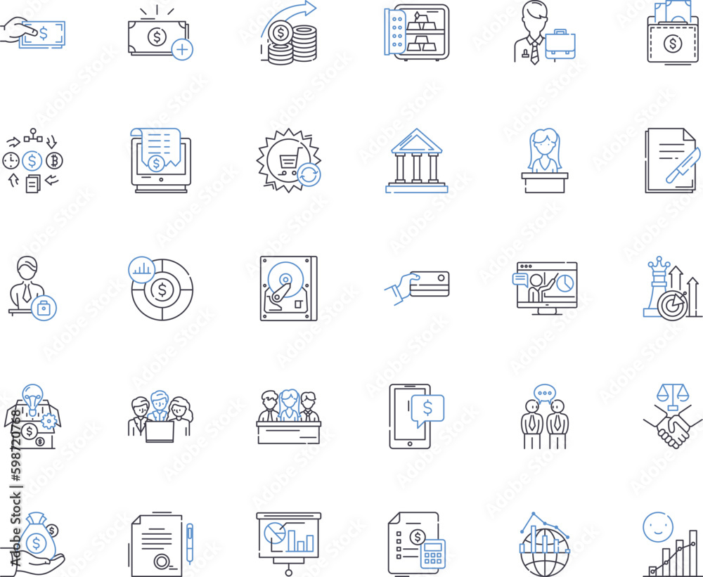 Bank corporation line icons collection. Loans, Savings, Investment, Finance, Deposits, Mortgages, Credit vector and linear illustration. Interest,Trust,Security outline signs set Generative AI