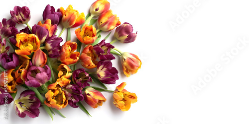 Spring parrot tulips flowers, orange and purple colored tulips on white background, top view, greeting, baner, Generative AI 