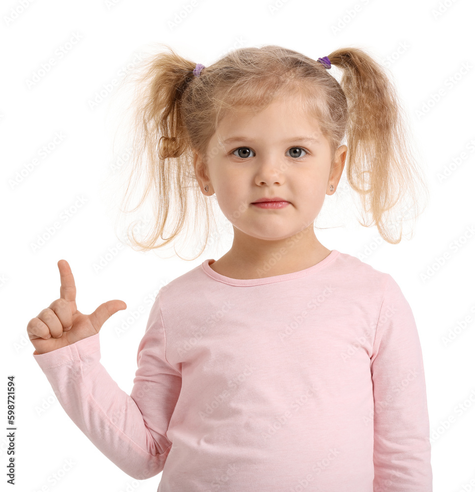 Funny little girl showing loser gesture on white background Funny little girl showing loser gesture on white background