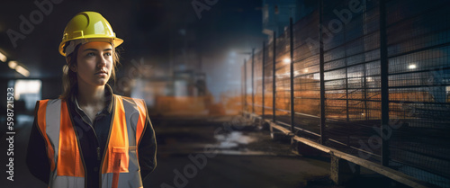 Young female construction worker wearing high visibility vest and orange helmet, dark background - construction site at night, wide photo with empty space for text right side. Generative AI