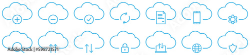 Set of blue computer cloud icons. Vector illustration isolated on white background