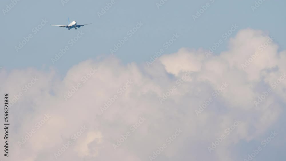 Jet passenger plane approaching to land in sunny cloudy sky. Unrecognizable airliner high far in the sky Generative AI Jet passenger plane approaching to land in sunny cloudy sky. Unrecognizable airliner high far in the sky Generative AI
