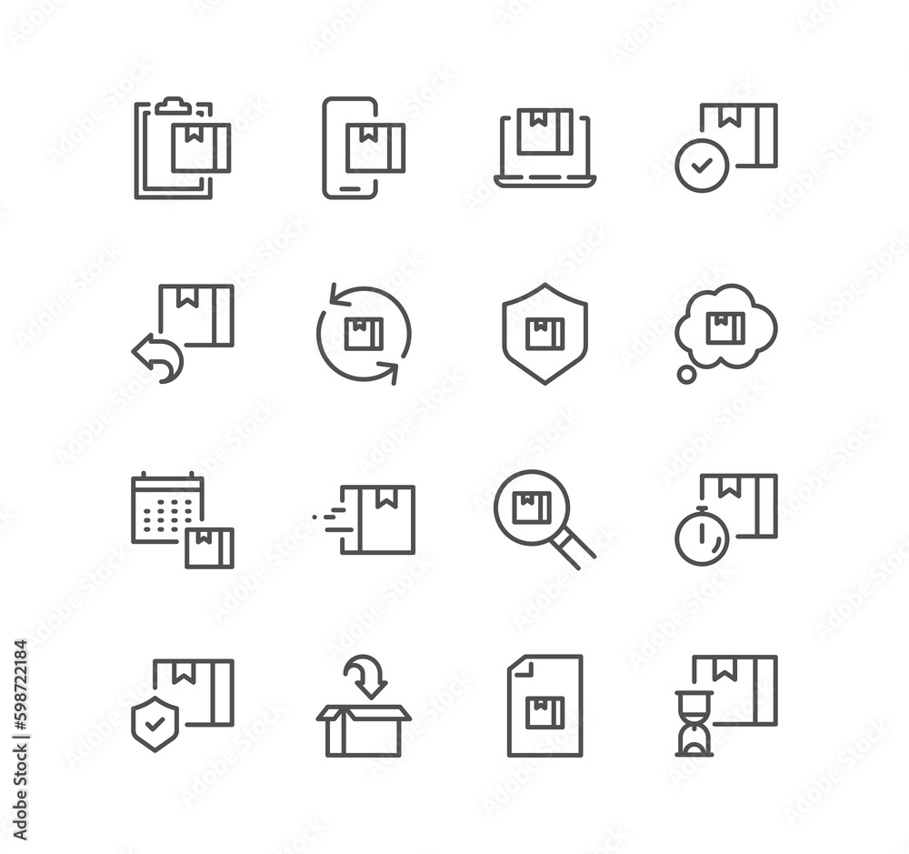 Set of delivery related icons, delivery date, courier, warehouse, return search parcel, fast shipping and linear variety symbols.
Set of delivery related icons, delivery date, courier, warehouse, return search parcel, fast shipping and linear variety symbols.