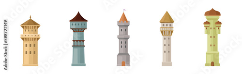 High Stone Towers with Pointed Roof and Flag on Top Vector Set