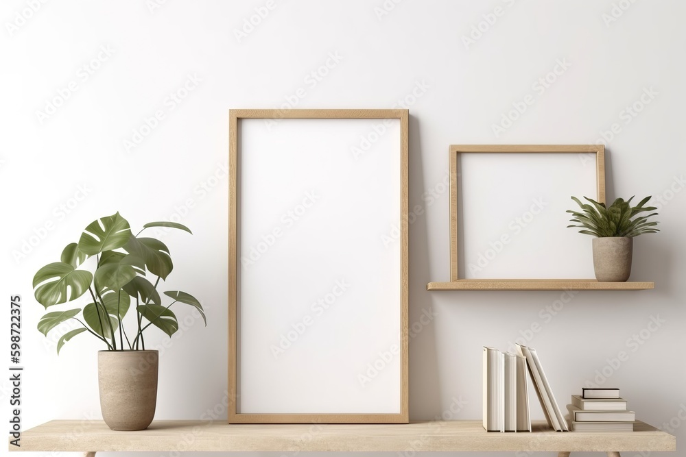 vertical wooden frame mockup in scandi style interior with trailing green plant in pot, pile of books and shelf on empty neutral white wall background. A4, A3 format. 3d rendering vertical wooden frame mockup in scandi style interior with trailing green plant in pot, pile of books and shelf on empty neutral white wall background. A4, A3 format. 3d rendering