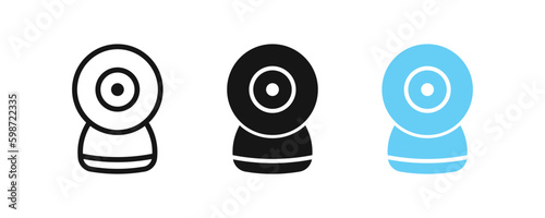 Computer web cam icon. Webcam symbol. Home video camera signs. Live stream, conference, meeting symbols. Surveillance icons. Black, blue color. Vector sign.