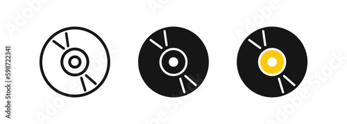 Vinyl disc icon. Compact disk symbol. Record music signs. Turntable symbols. Retro  album icons. Black, yellow color. Vector sign.