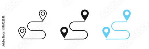 Map route icon. Gps path symbol. Travel signs. Roadmap symbols. Distance, geo pin, start and finish icons. Black, blue color. Vector sign.