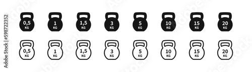 Kg weight icon. Heavy dumbbell symbol. Sports signs. Measure symbols. 0,5, 1, 1,5, 3, 5, 10, 15, 20 kilogram icons. Black color. Vector sign.