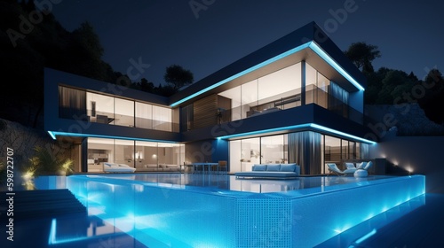 illustration, modern mansion with swimming pool, generative ai © Jorge Ferreiro