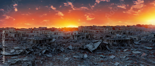 Sunset over a city with buildings and car wreckage covered in radioactive ash and destroyed by a nuclear missile attack. Generative AI, Generative, AI photo