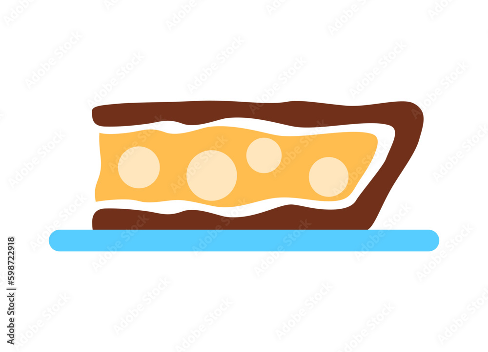 Pie slice with berry isolated on white background. Delicious baked frosted treat piece with lemon filling. Abstract apple bakery sign. Flat pastry on plate Minimal food logo design vector illustration