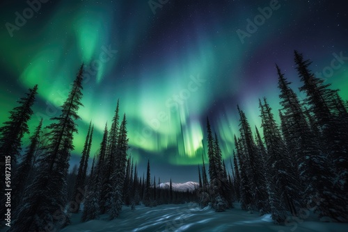 Polar lights aurora borealis over northern coniferous forest in snow. Generative AI