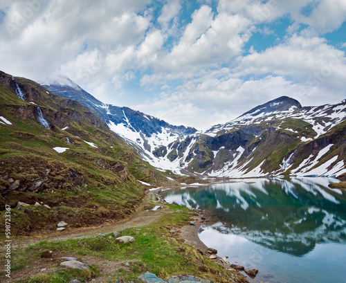 Alps mountains tranquil summer view (reflections on the lake near Grossglockner High Alpine Road)