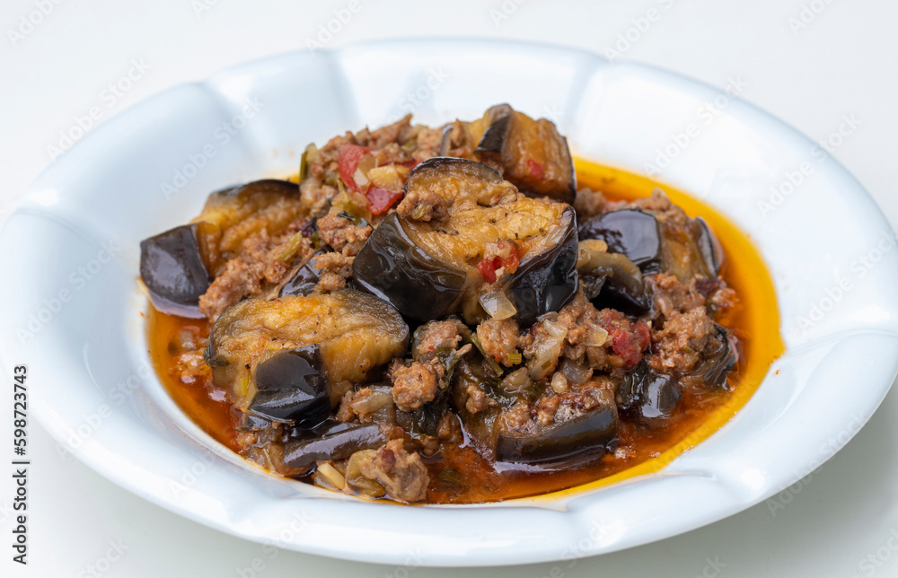 Traditional delicious Turkish food, Eggplant with minced meat. Turkish name; Eggplant sitting Traditional delicious Turkish food, Eggplant with minced meat. Turkish name; Eggplant sitting