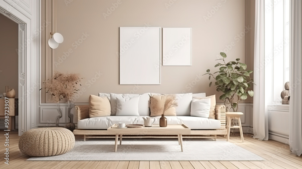 Fototapeta premium Mock up frame in home interior, Scandi-boho style, 3d render, Bright color. Generative Ai