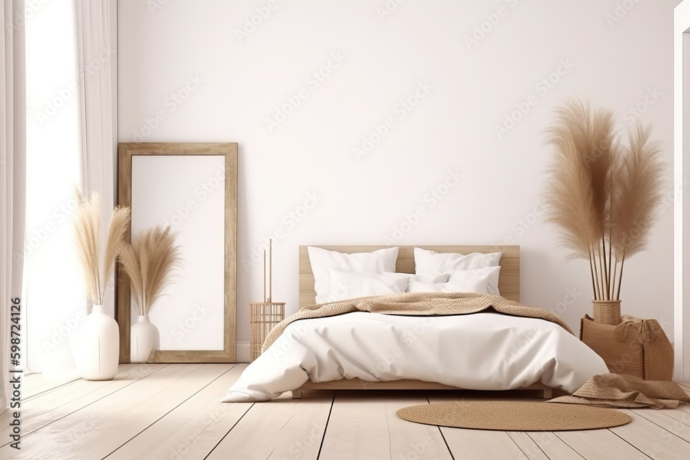 Bedroom interior mockup in boho style with fringed blanket, cushion with tassels, linen bedding, dried pampas grass, basket lamp and curtain on empty beige background. 3d rendering, Bedroom interior mockup in boho style with fringed blanket, cushion with tassels, linen bedding, dried pampas grass, basket lamp and curtain on empty beige background. 3d rendering,