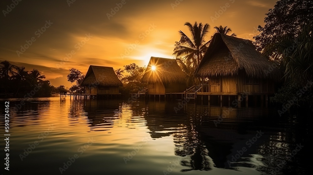 Fototapeta premium illustration, seascape bungalow, ai generative