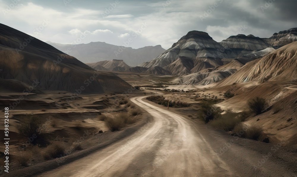  a dirt road in the middle of a desert with mountains in the background.  generative ai