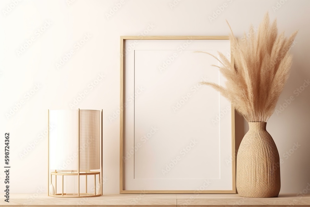 Vertical poster art mockup with beige wooden frame, dried grass in vase, wicker basket lamp on empty warm white background. Japandi interior decoration. A4, A3 format. 3d rendering Vertical poster art mockup with beige wooden frame, dried grass in vase, wicker basket lamp on empty warm white background. Japandi interior decoration. A4, A3 format. 3d rendering