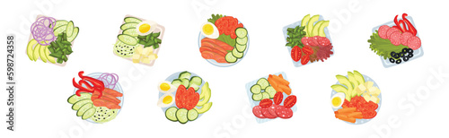 Fototapeta Naklejka Na Ścianę i Meble -  Sliced and Cut Vegetables, Wurst, Fish and Cheese Served on Plate Above View Vector Set