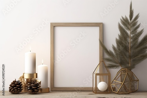Vertical wooden frame mockup with hanging pine branch, pinecone, star, candles and gift box on rustic rough shelf. Minimal Christmas interior decoration. A4, A3 format. 3d rendering