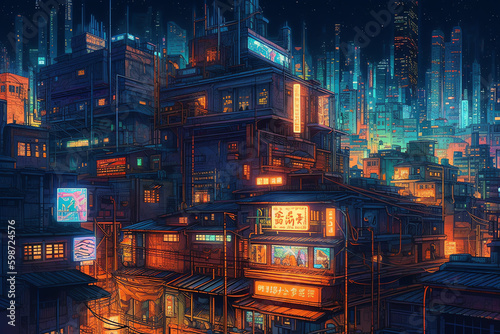 a vibrant  neon-lit cityscape at night. generative AI