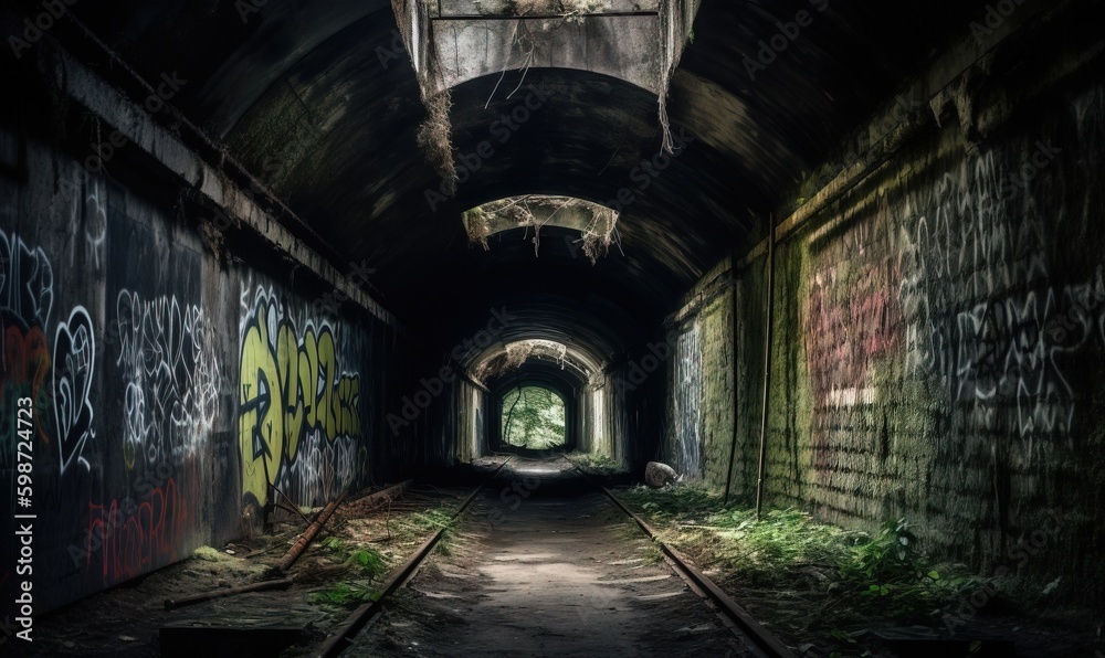 a dark tunnel with graffiti on the walls and a light at the end. generative ai a dark tunnel with graffiti on the walls and a light at the end. generative ai