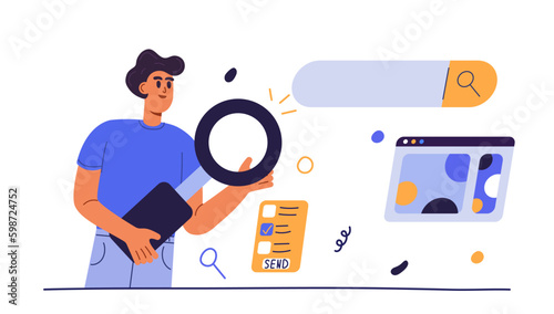 Young Man holding magnifying glass. Search information concept. Concept of frequently asked questions. Modern flat vector illustration