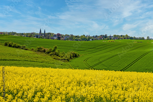 view to ratingen homberg over rapeseed field at spring and cloudy blue sky