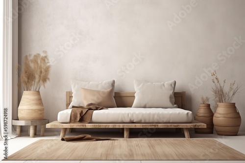 Warm neutral wabi-sabi style interior mockup with low sofa, jute rug, ceramic jug, side table and dried grass decoration on empty concrete wall background. 3d rendering photo