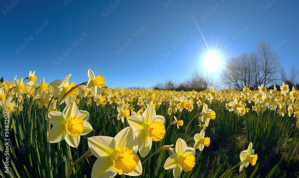  a field full of yellow daffodils under a blue sky.  generative ai