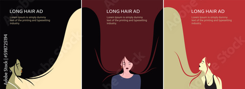 Hair Growth Cycle, anagen, catagen, telogen, early anagen, hair matrix, dermis, epidermis, sebaceous gland, hair follicle, shaft, long hair women template vector illustration.
