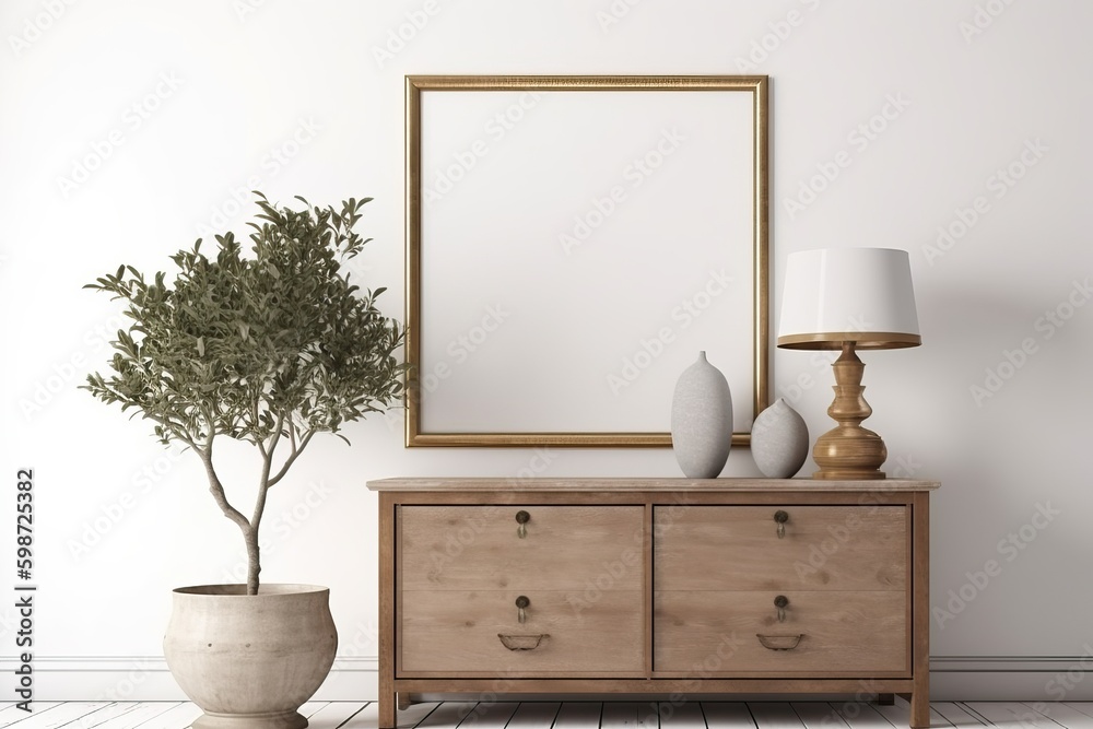 wooden frame mockup in traditional living room interior with classic chest of drawers, marble lamp and small olive tree on white wall background. Illustration, 3d rendering wooden frame mockup in traditional living room interior with classic chest of drawers, marble lamp and small olive tree on white wall background. Illustration, 3d rendering