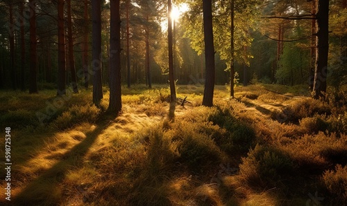  the sun shines through the trees in the forest floor.  generative ai