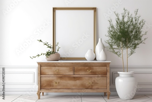 wooden frame mockup in traditional living room interior with classic chest of drawers, marble lamp and small olive tree on white wall background. Illustration, 3d rendering