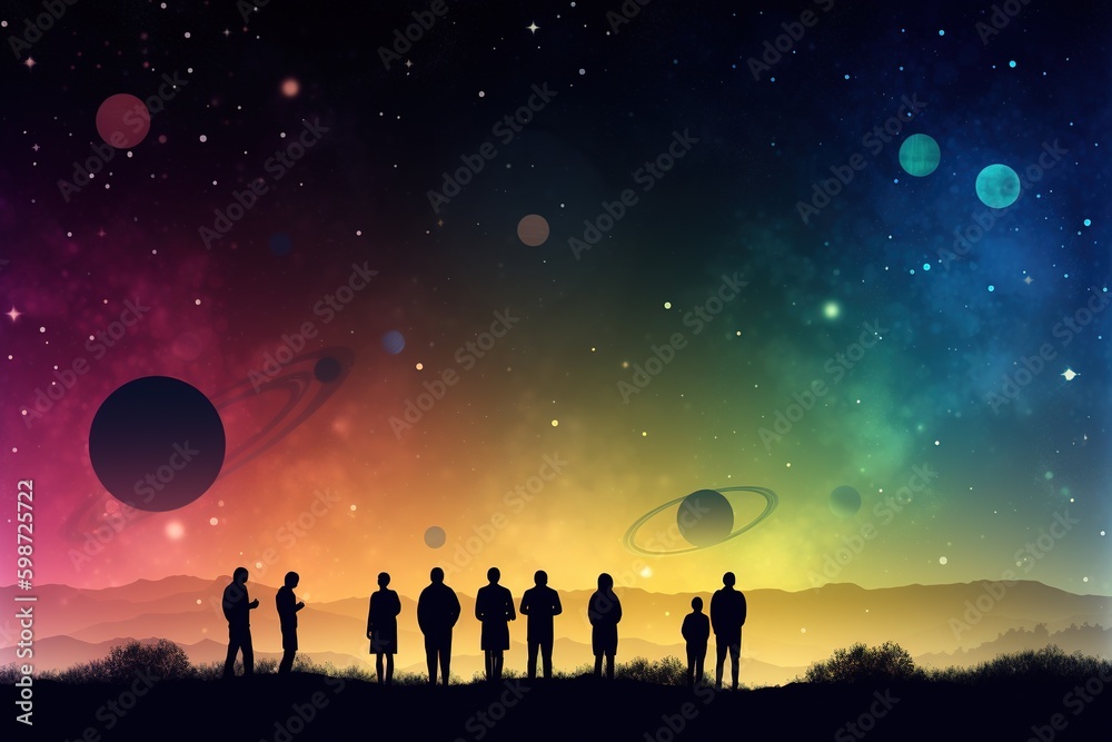 A group of people stand in a clearing and look at the planets that are located in the sky above their heads. Generative AI. A group of people stand in a clearing and look at the planets that are located in the sky above their heads. Generative AI.
