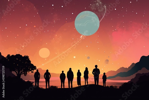 A group of people stand in a clearing and look at the planets that are located in the sky above their heads. Generative AI.